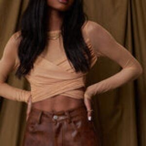 12th Tribe Camel/Tan Long Sleeve Wrap Crop Top